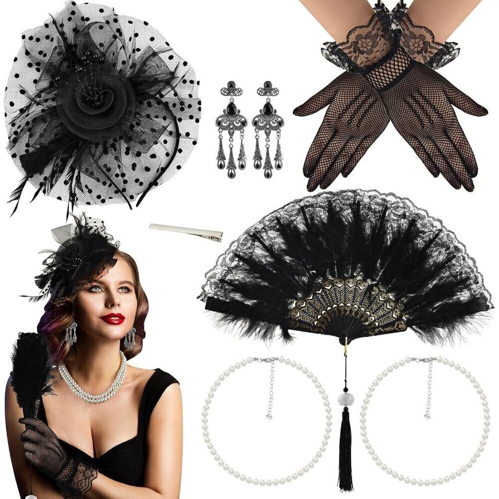 Women’s Vintage Fascinator Hat Set Mesh Gloves Pearls Earrings Gifts